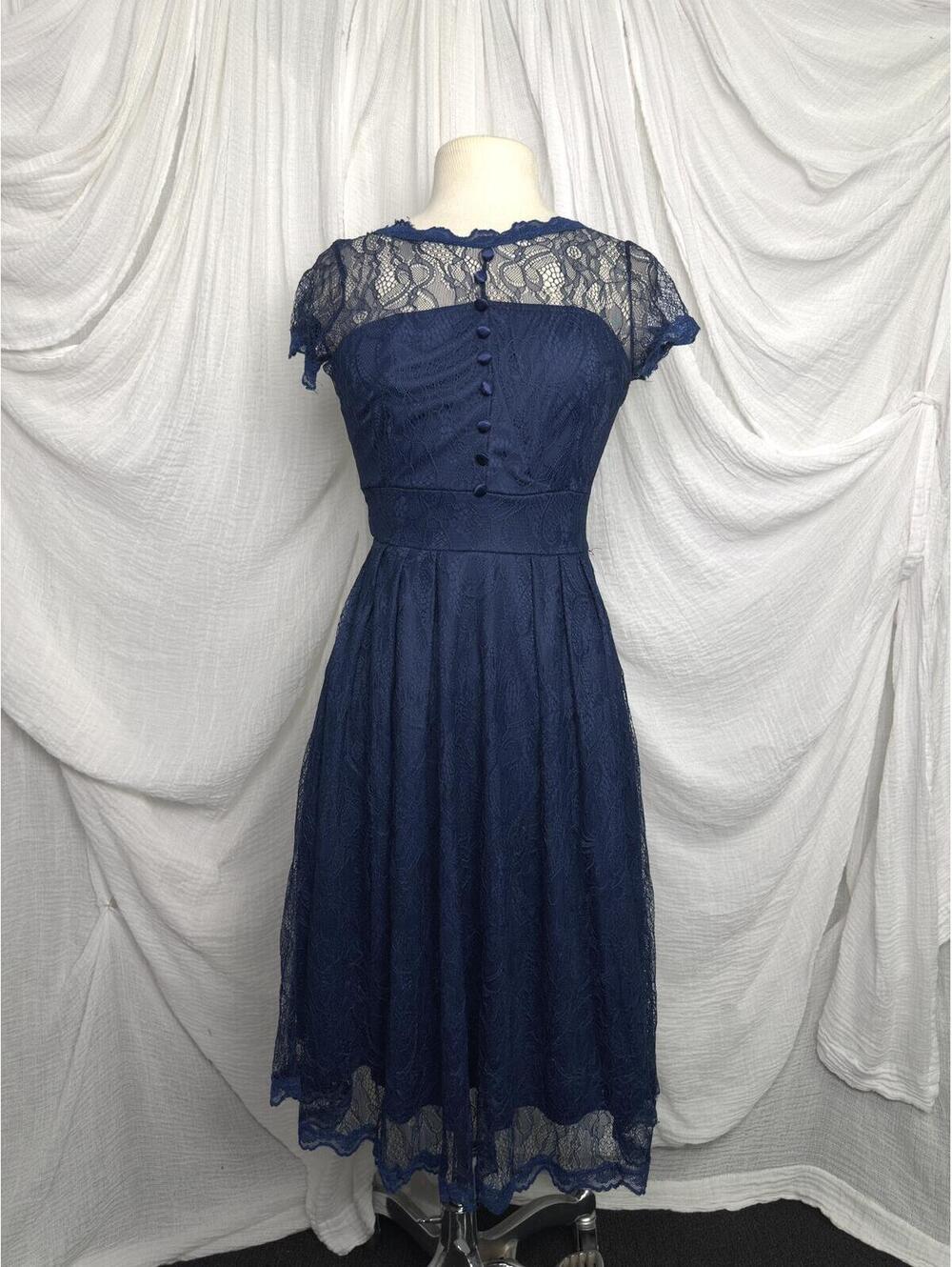 Preppy Cottage Whimsygoth Navy Lace Midi Dress with Buttons
